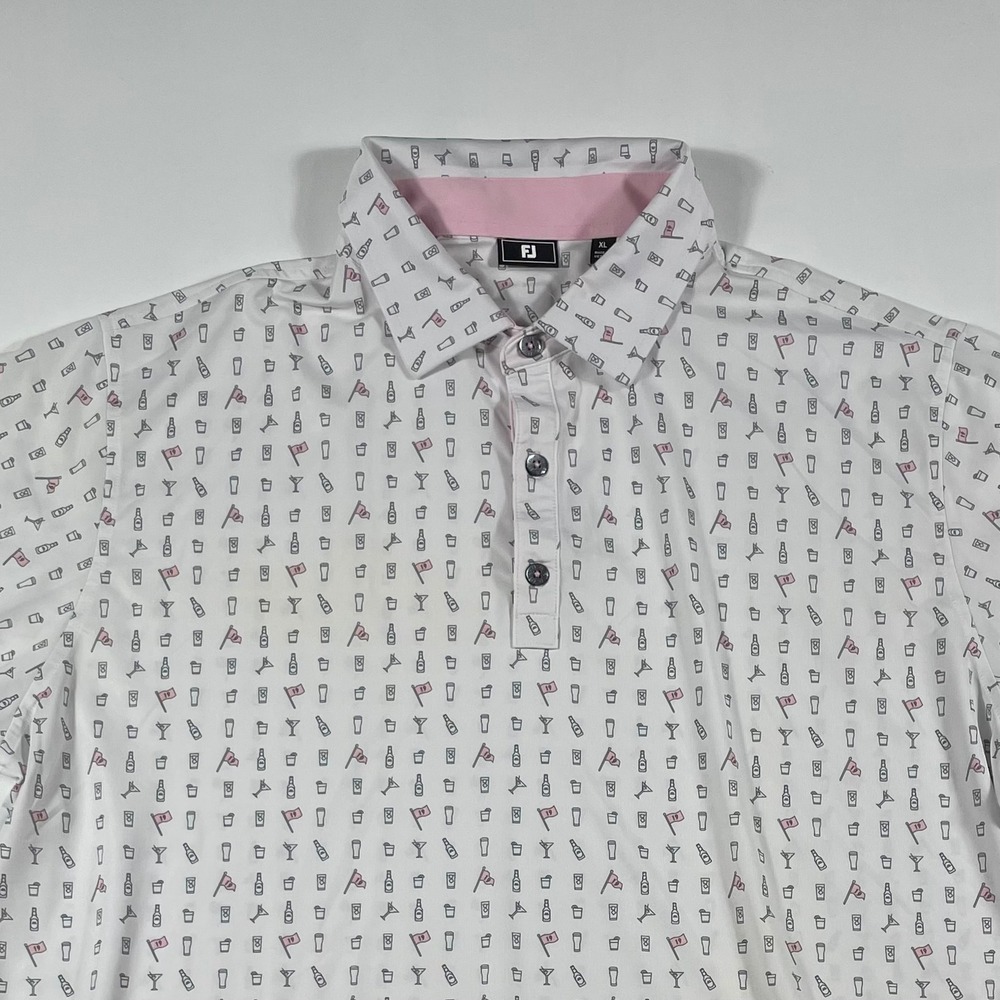 FootJoy Polo Shirt Mens XL 19th Hole Cocktail Print White Pink